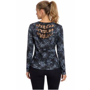 Minkas Rhinestone Long Sleeve Top Lace Cutout Back Black Blue Size M